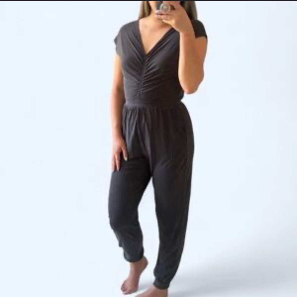 Express Charcoal Gray Ruched V-Neck Jumpsuit